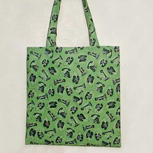 COTTON TOTE BAG HANDMADE NEW GREEN & BLACK ANTIQUE TELEPHONE PRINT OOAK 13" W